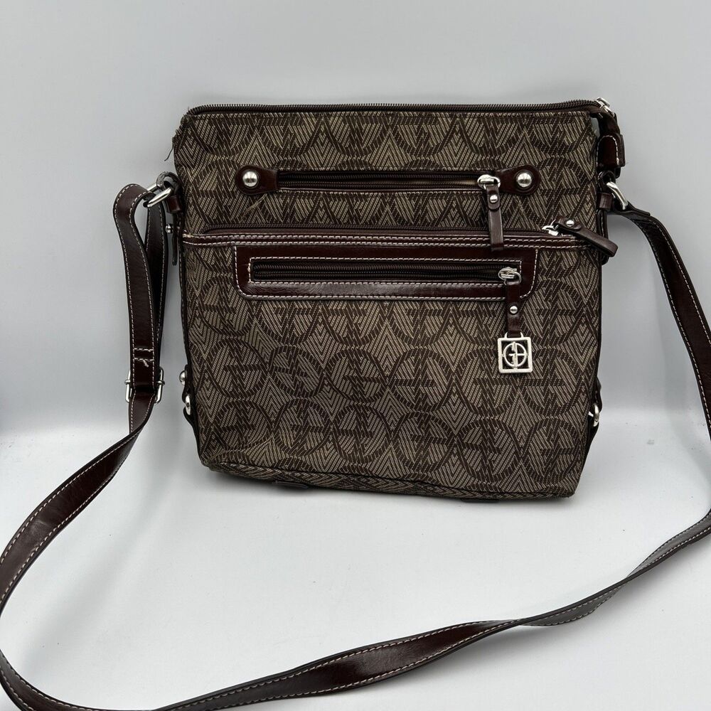 Giani Bernini Hand Bag Purse Crossbody Beige Brown Signature Print W/ Pockets